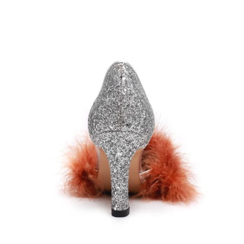 Dames Pompes Mariage Luxe Femmes Bout Hauts Yellow De Mujer Partie Zapatos pink Marque Talons Designer sliver Bling Sexy Fourrure Pointu Chaussures YxqgIwO
