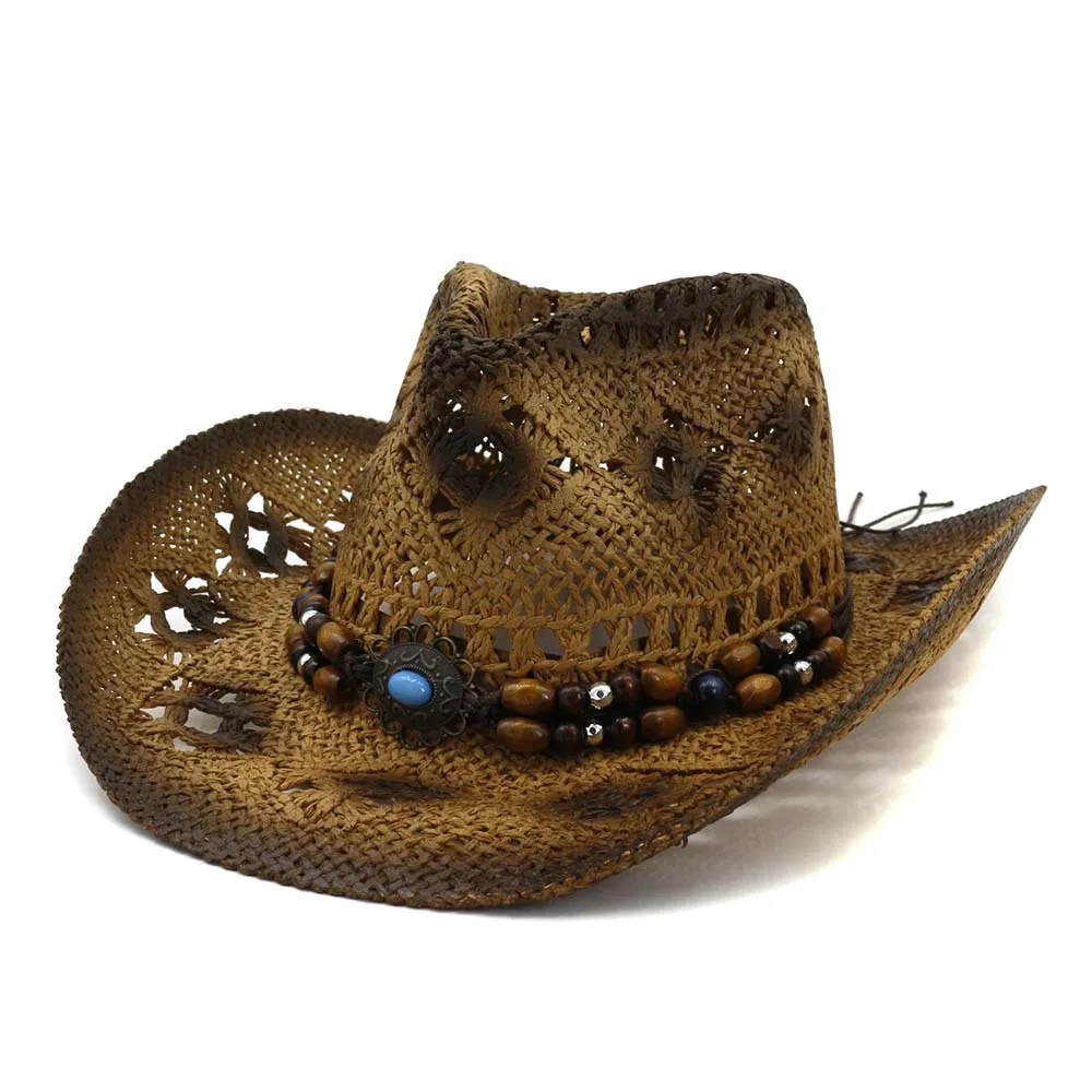 

Western Cowboy Cap Men Paper Straw Hat for Women Crochet Hats Hollowout Style Vintage Beach Caps Wood Bead Accessory for Lady
