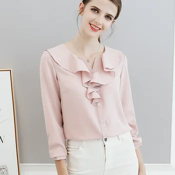 

Blue Ruffles Slim Office Lady Shirts Women Blouses Leisure Long Sleeve Blouse Work Office Tops Casual Shirt Female Blusas