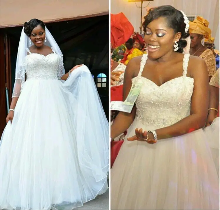 

Simple A-Line Spaghetti Strap Wedding Gowns Tulle Lace Appliques Plus Size