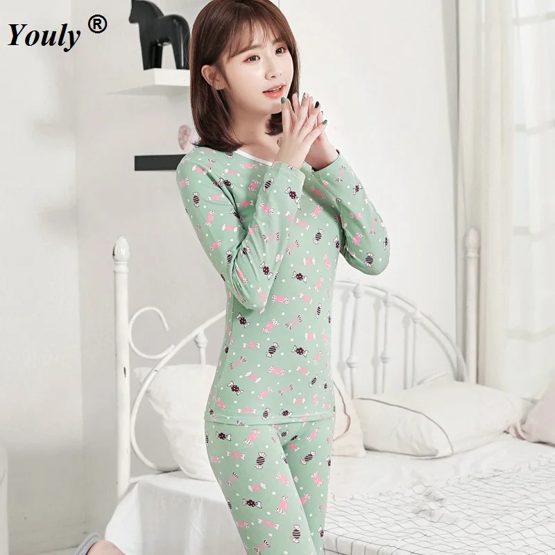 Cotton Printed Floral Women Thermal Underwear Tops And Bottoms Sets