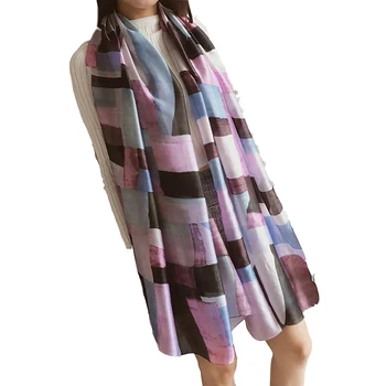 

2019 New Women Simulation Silk Scarves Long Thin Lady Plaid Printing Shawl Fashion Literary Woman Travel Beach Sunscreen Shawl