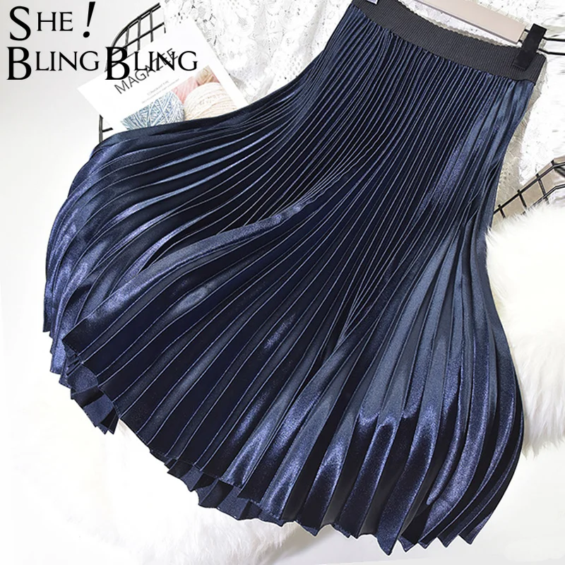 

SheBlingBling Solid Autumn Spring High Waist Metallic Skirts for Women Fashion Female Swing Casual Midi Black Pleated Skirt