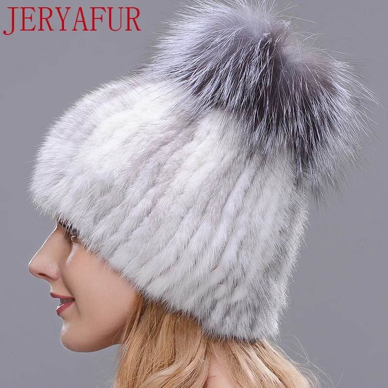 JERYAFUR, Зимняя женская Лыжная шапка, натуральный мех, шапка русалки, мех лисы, шар, теплая вязаная шляпа, шапка, зимняя женская шапка