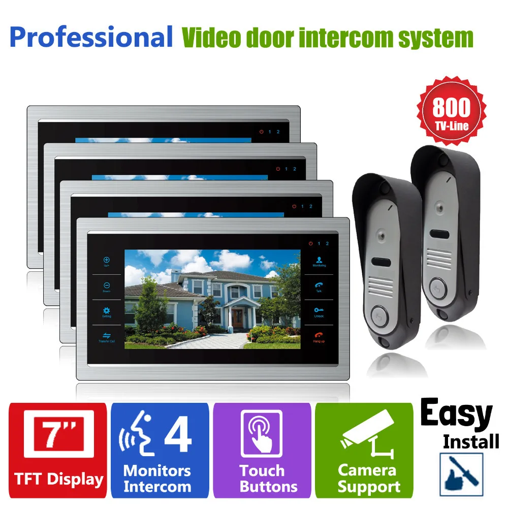 

Homefong Intercom Phone System with 2 Doorbell Camera and 4 Indoor LCD Screen Monitor 7 Inch Door Phone Doorbell Intercom Kit