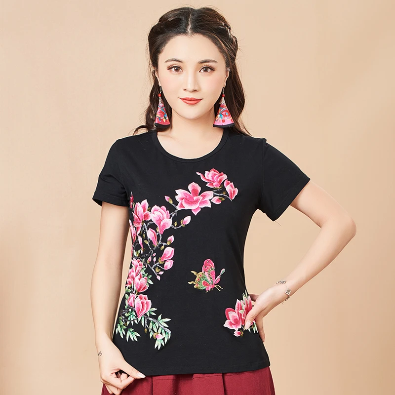 

KYQIAO women ethnic shirt 2019 female autumn summer l-5xl Chinese style original black white floral embroidery t shirt tee