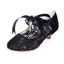 Sweet see through lace ribbon tie woman med low heels bridal wedding party prom shoes pink black white ivory mother of bridal