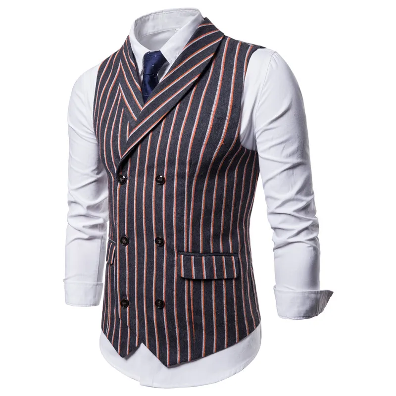 Riinr 2018 Autumn Men Striped Vests Causal Double-breasted Mens Suit Vest Vintage Wedding Waistcoat Men's Suit Vest Wedding Vest
