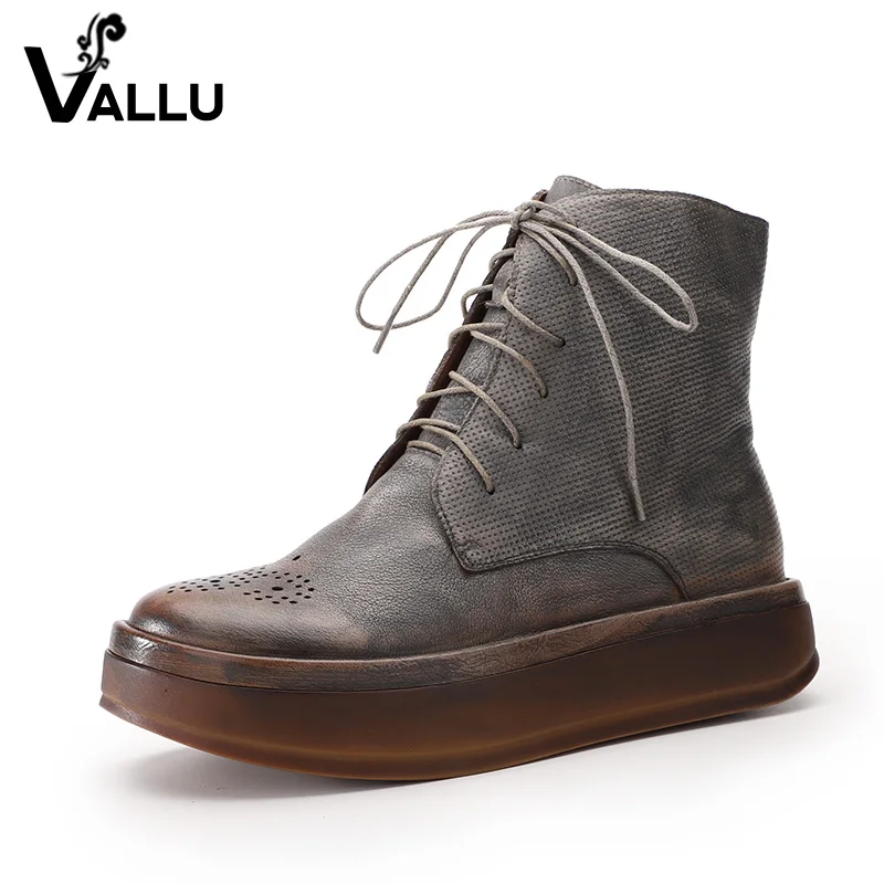 

2018 VALLU Handmade Vintage Style Women Flat Platform Boots Lace Up Round Toes Genuine Leather Martin Boots Ladies Ankle Boots