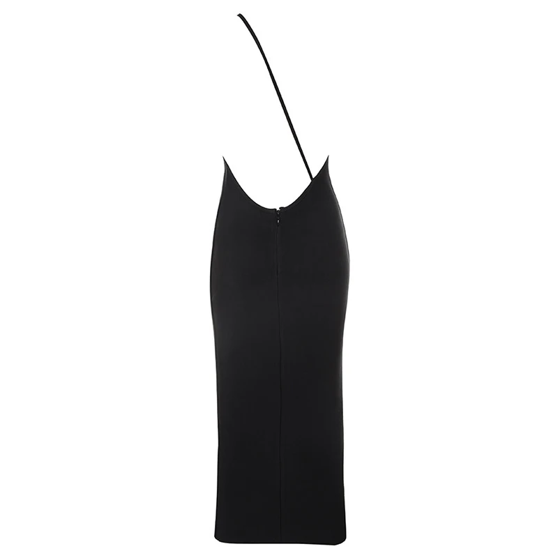 Черное платье на одно плечо без рукавов высокое качество эластичное Клубное платье с открытой спиной миди Бандажное платье с открытой спиной облегающее платье