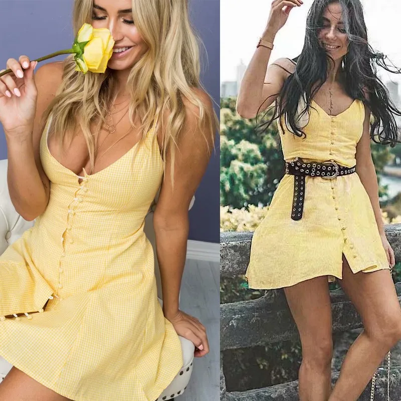 yinlinhe Red Polka Dot Summer Dress Sleeveless V neck Sexy Strap Yellow Button Dress Women Backless Slim Elegant Vestido 7 - 
