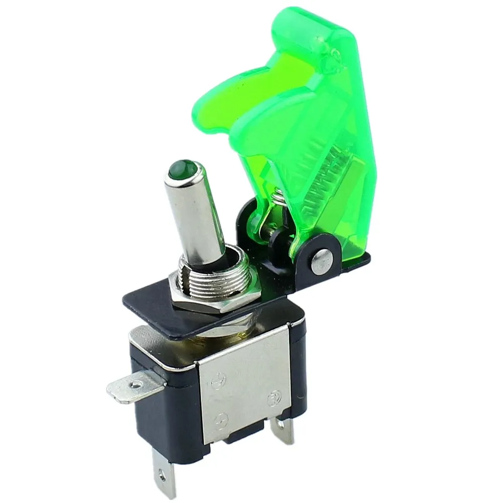 Green illuminated LED Toggle Switch With Missile Style Flick Cover Car Dash 12Vin Switches from