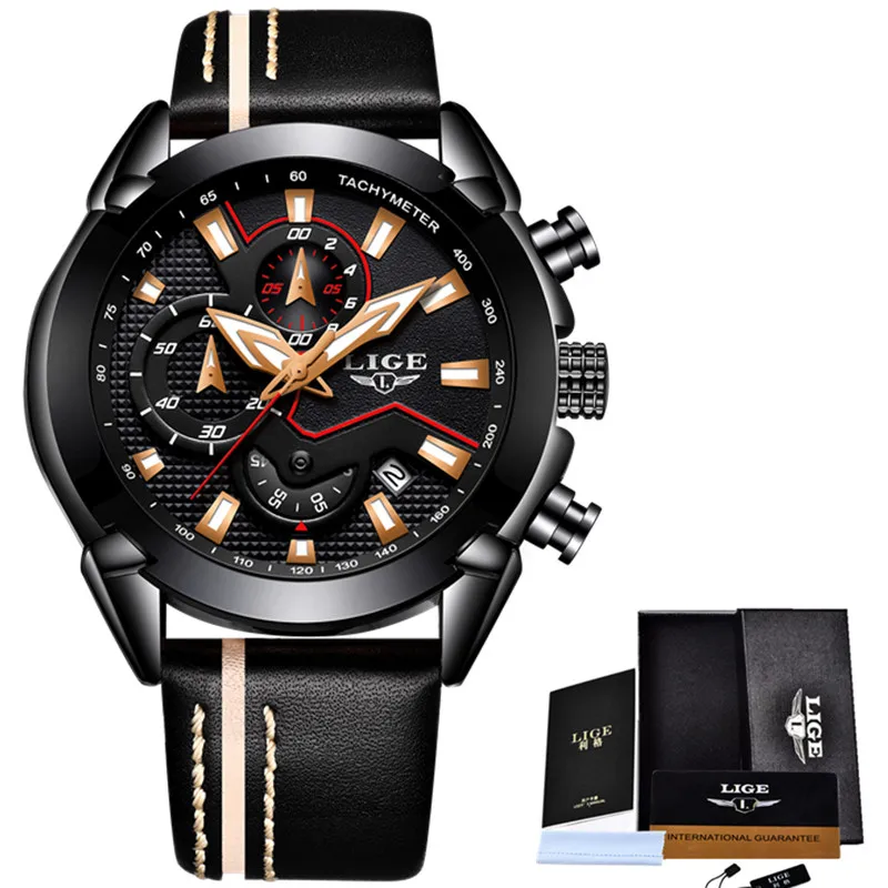 Lige мужские часы модные спортивные кварцевые Военные мужские часы, наручные часы лучший бренд класса люкс Дата Водонепроницаемые кожаные часы Relogio Masculino - Цвет: Black Gold
