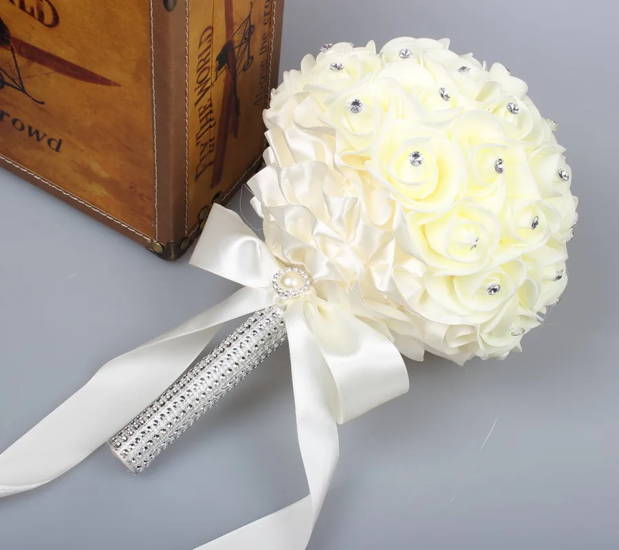 Beautiful White Ivory Bridal Bridesmaid Flower Wedding Bouquet Artificial Flower Rose Bouquet Crystal Bridal Bouquets