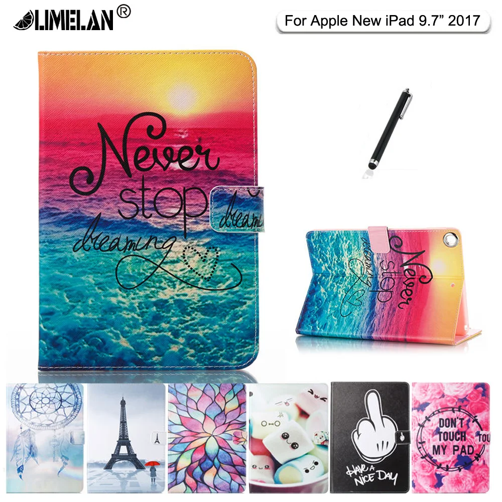 

limelan High quality Fashion painted Case Cover For Apple New iPad 9.7 2017 Funda cases Model A1822 PU Leather Stand Shell