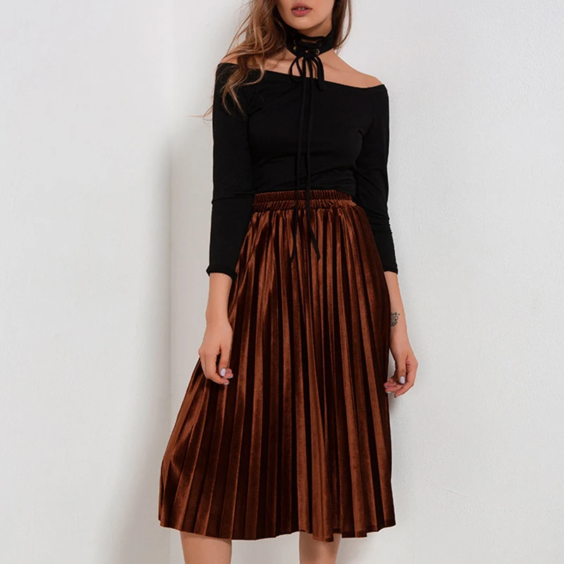 Осень Зима модная юбка Вельветовая с завышенной талией женские плиссированные юбки однотонная эластичная талия летняя юбка миди SJ1393V