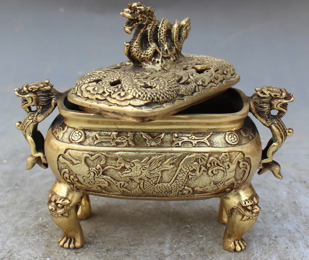 

15CM Marked Chinese Bronze Dragon Dragons Foo Fu Dog Lion Incense Burner Censer