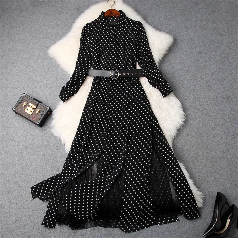 

2019 Spring Dresses Women Fashion Designers Long Sleeve Polka Dot Print Lace Patchwork Belted Mid Calf Dress Casual Vestidos