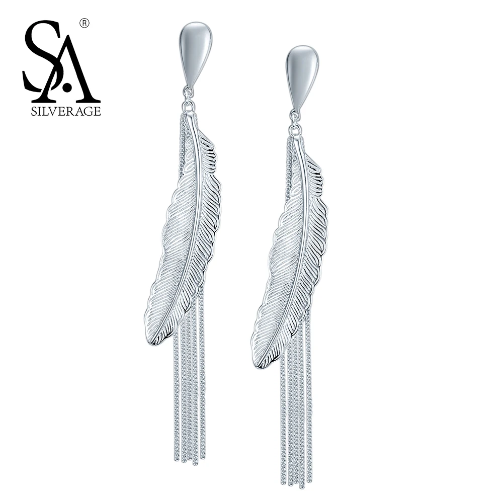 SA SILVERAGE 925 Sterling Silver Drop Dangle Earrings for Women Fine Jewelry Feather Long Tassel 2018 New Design SA SILVERAGE 925 Sterling Silver Drop Dangle Earrings for Women Fine Jewelry Feather Long Tassel 2018 New Design