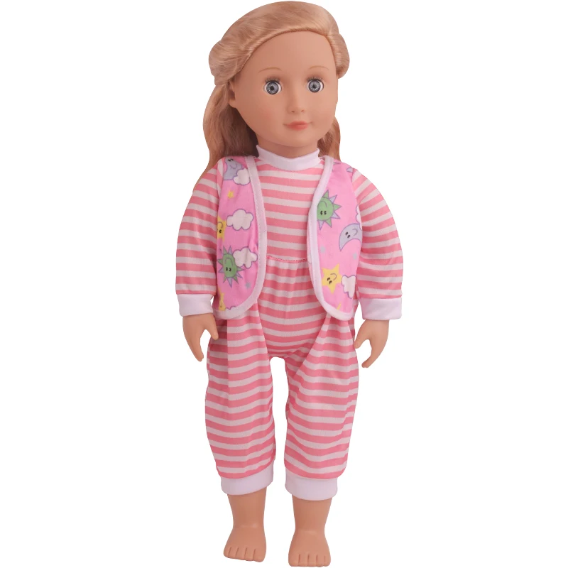 

18 inch Girls doll clothes Cute pink print striped jumpsuit + hat American new born dress Baby toys fit 43 cm baby dolls c799