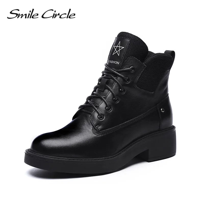 

Smile Circle Cow Leather Ankle Boots Women Black Round Toe Shoes Botas Fashion Lace-up Non-slip Martin Short boots Winter boots