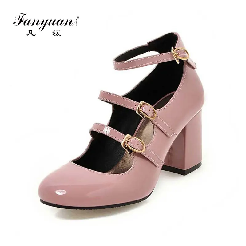 

Fanyuan Gladiator Chunkh Heels Patent Upper Buckle Up Party Wedding Shoes Plus Size 34-43 Sexy Women Mary Jane Pumps
