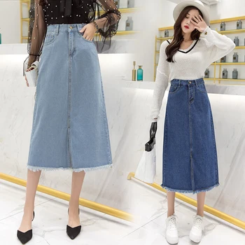 

Fashion Classic Women A-line Denim Long Skirt Plus Size Female Casual Simple Mid-calf Length Skirts Bottoms Raw Edge