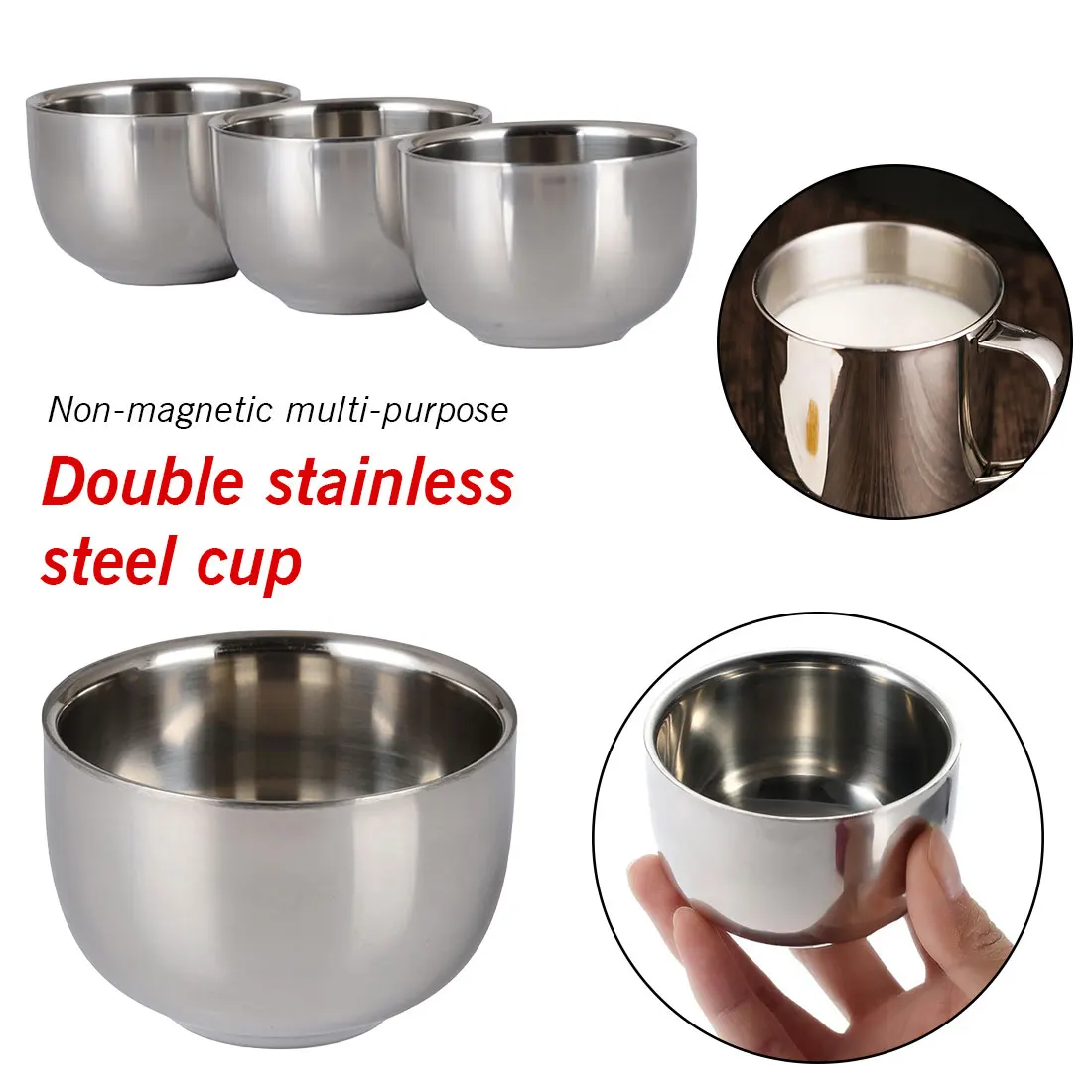 

Wholesale 7.2cm Stainless Steel Nonmagnetic Cup Smooth surface Home and garden kitchen tool Kitchen accessary two layer Cup