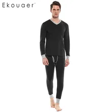 Ekouaer/брендовый Мужской Хлопковый пижамный комплект с v-образным вырезом, топ с длинными рукавами и штаны, Лоскутная Пижама, осенне-зимний тонкий одноцветная одежда для сна