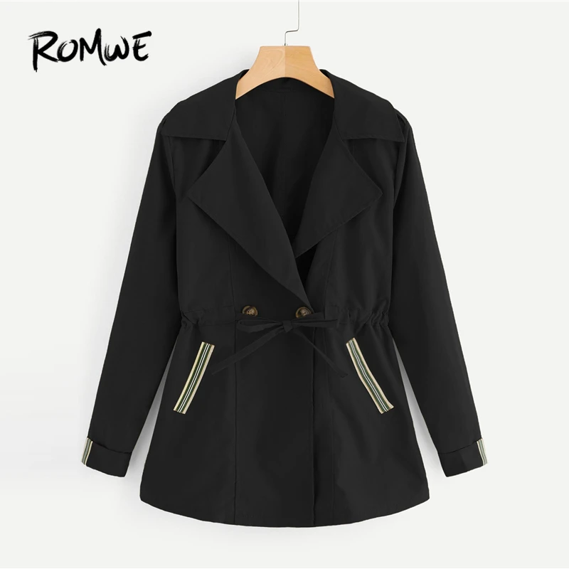 

ROMWE Tape Panel Drawstring Waist Jacket 2019 Chic Notched Collar Long Jackets Young Spring Autumn Pockets Womens Outerwear