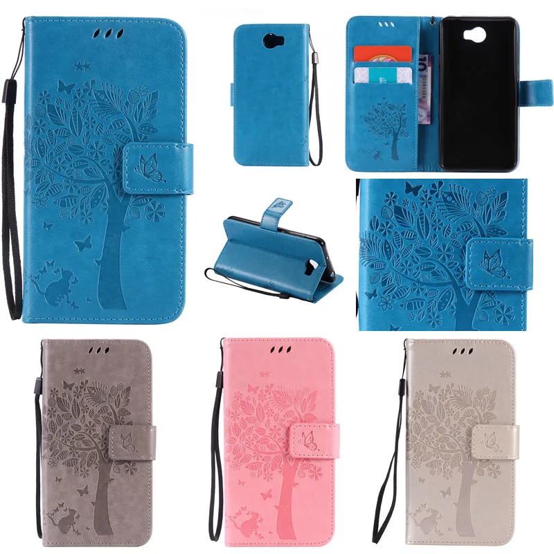 

For Huawei Y3ii Y5ii Cute Cartoon Cat and Tree Wallet Flip Fundas Case For Huawei Ascend Y3 ii Y3II Y3 2 / Y5 ii Y5II Back Cover