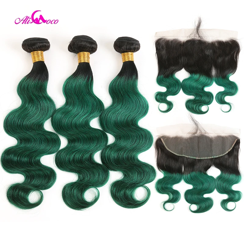 

Ali Coco Body Wave Human Hair 2/3 Bundles With Frontal 1B/Green 13X4 Ear To Ear Lace Frontal With Bundles 10-30 Inch Remy Hair