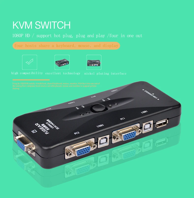 4 порта USB KVM переключатель usb2.0 четыре в одном из ручной коммутатор VGA 4 хост общий дисплей мышь и клавиатура 1920*1440 FJ-4UK