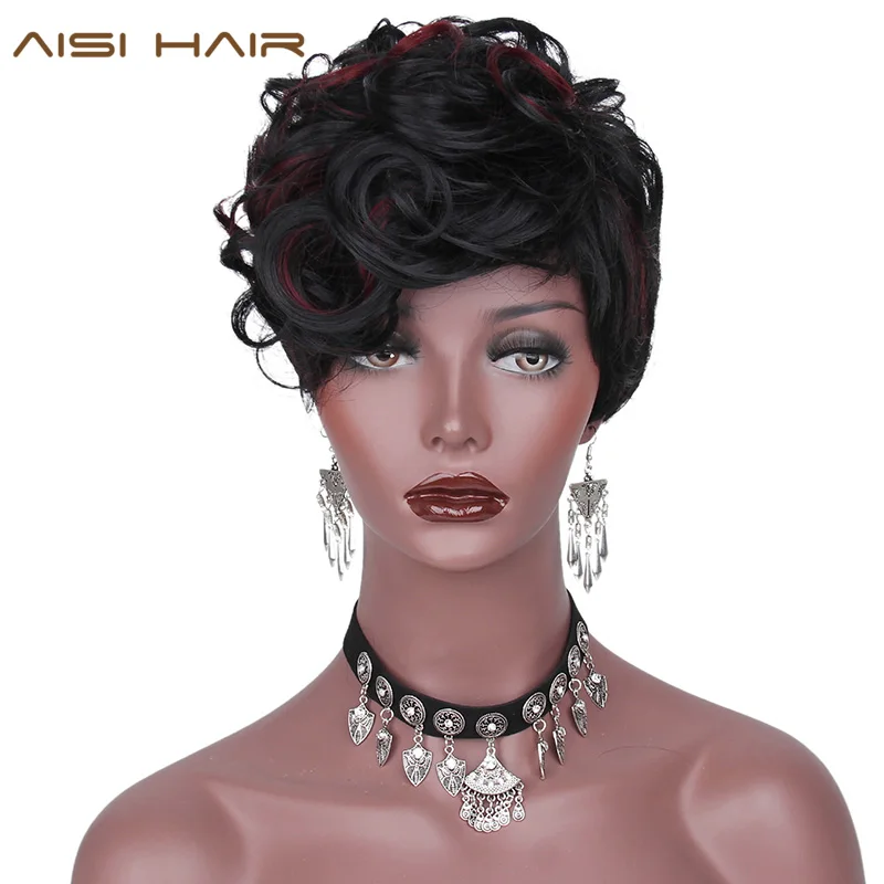 

AISI HAIR In Front Of The Red Streaked Synthetic Short Wigs For Black Women Curly African American Hair