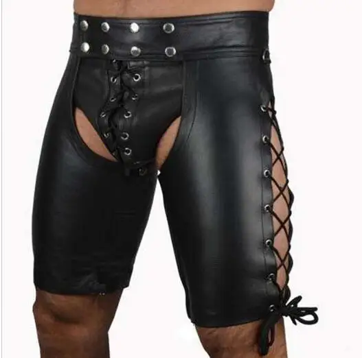 

2019 sexy lingerie New Hot Black Mens Latex PVC Bondage Open Cortch Shorts Gothic Fetish Gay Men Faux Leather Lace Up Pants