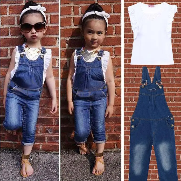 

2PCS Girls Suit Outfit Baby Kids Summer Sets Top Pants Bib Jeans set