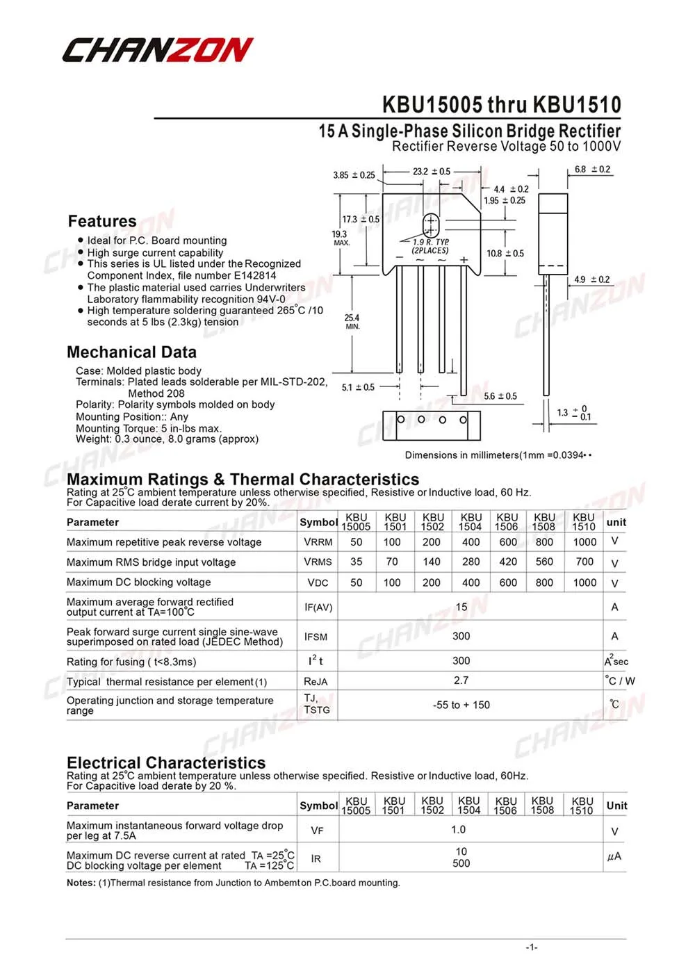 10 Pcs KBU1510 Bridge Rectifier Diode 15A 1000V KBU-4 SIP-4 Single Phase Full Wave 15 Amp 1000 Volt Silicon kbu 1510
