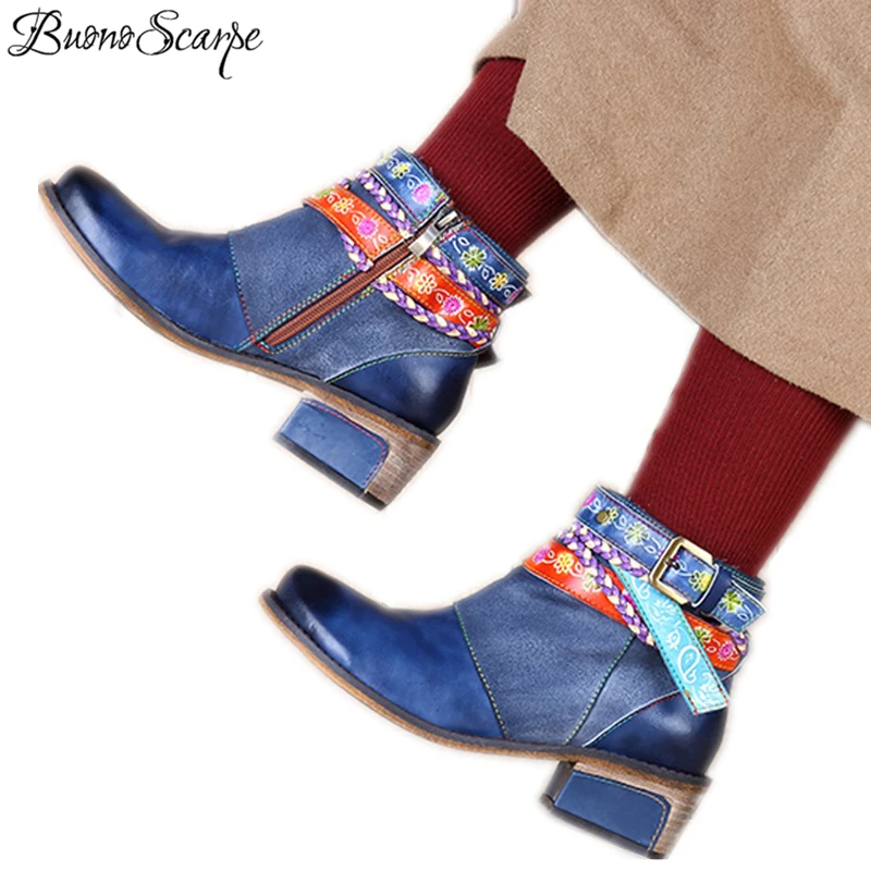 Beste BuonoScarpe Vrouwen Retro Lederen Band Enkellaarsjes Vintage Chunky Hak Ronde Neus Korte Laarzen Voor Lady Etnische Rits Bohemian Schoen