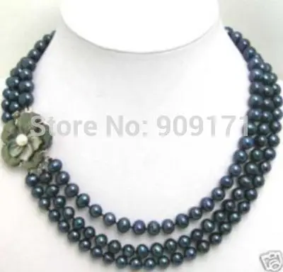 

5U56 T23W3 3Row 7-8mm Black pearl Necklace Flwoer Shell Clasp