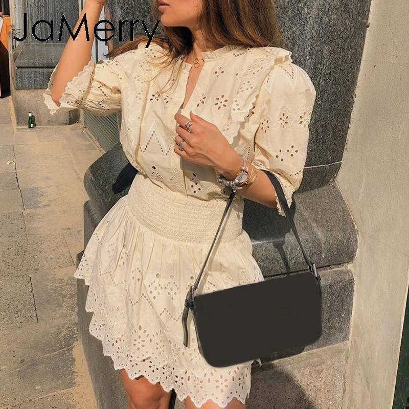 JaMerry Elegant embroidery lace blouse women Summer short sleeve ruffle hollow out tops Fashion ladies solid blouses and tops