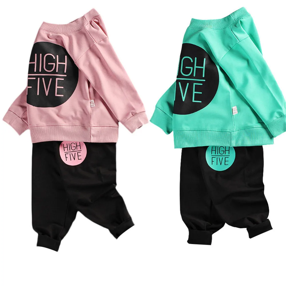 2PCS Children Long-sleeved Sweats Set Toddler Sweater Baby Sweatsuit Outfits of Black Circle Style for Boys and Girls 2 Colors