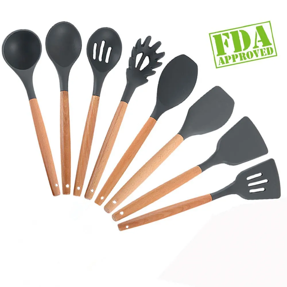 Aliexpress.com : Buy Silicone Kitchen Utensil Set of 8 Pieces with Natural Wood Handle for 