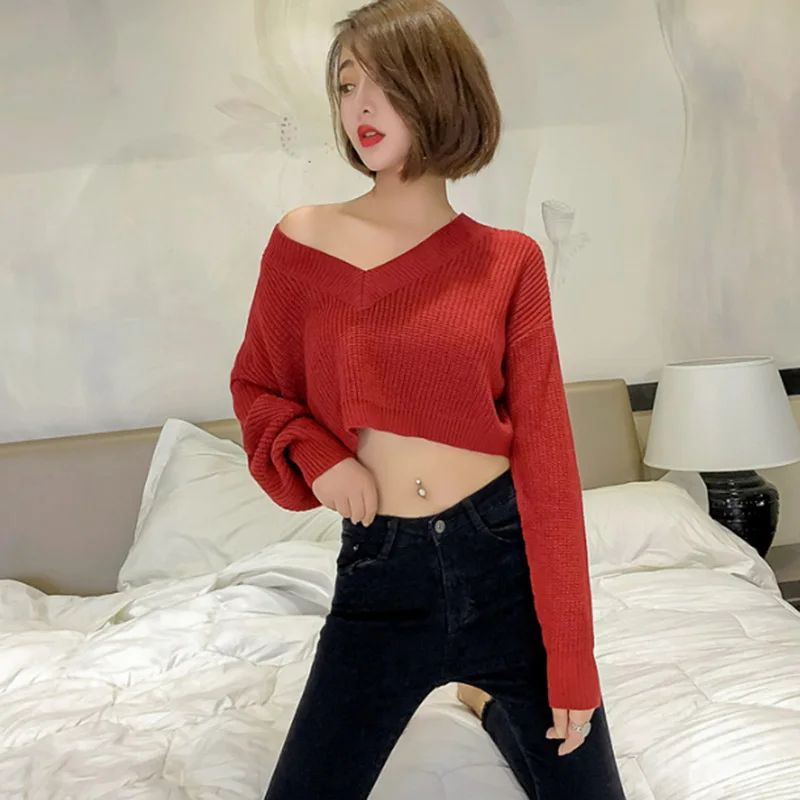 Sexy Top V-neck Pullover Sweater Female Back Single Row Button Fashion Casual Straight Knit Fall Winter Female Solid Color Tops