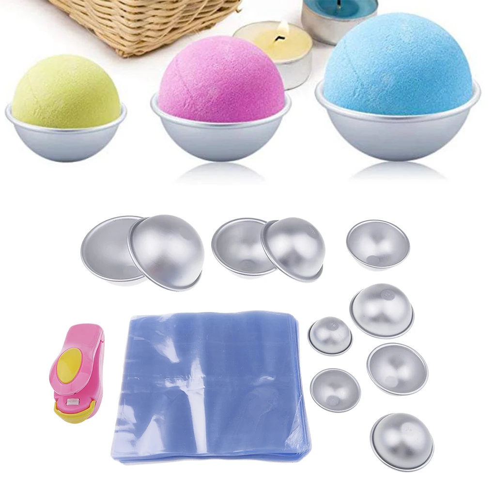 5 Set Aluminum Half Round Bath Bombs Mold With 1 Capper & 200 pcs Wrap Bag DIY Soaps ,Candles and Cake Decorating Mould Tools