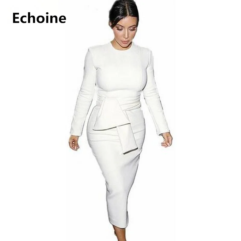 Plus Size 2XL Long Sleeve Party Office Dress Women Winter White Slim With Sashes Mid Calf Length Pencil Dresses Vestido De Festa Plus Size 2XL Long Sleeve Party Office Dress Women Winter White Slim With Sashes Mid Calf Length Pencil Dresses Vestido De Festa