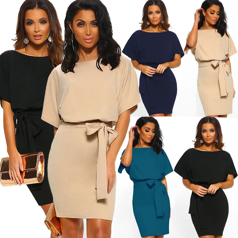 

2019 Summer Fashion Tie Round Neck Short Sleeve Dress