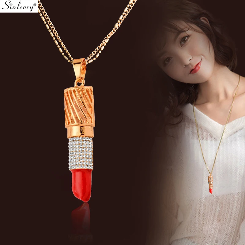 

SINLEERY Necklace Women Sexy Red Lipstick Pendant Long Necklace Fashion Gold Chain Statement Necklace Jewelry MY221 SSB