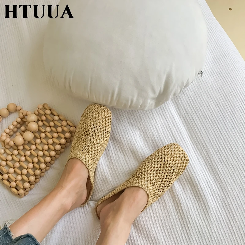HTUUA/Туфли сабо с тростниковым плетением женские шлепанцы Летние босоножки на