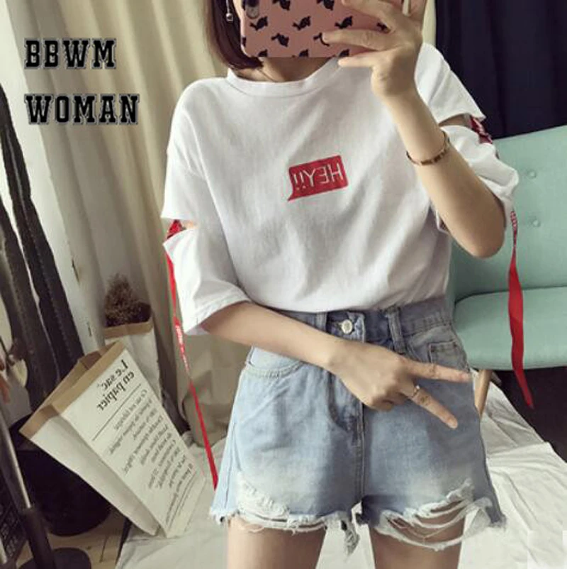 Summer Korean Harajuku Style Hey Alphabet Women T Shirt Personality Hole Ribbon Half Sleeve Student Tops Fashion Tees ZO9