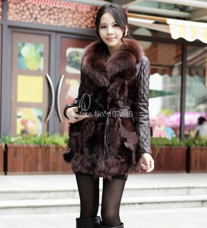 pink Véritable Manteau brown Cuir black Fourrure Overcoatvk0016 topfurmall Veste En Manteaux De Hiver Khaki Col Ourlet Peau Femmes Avec Renard Mouton Et Dame YRn0FB